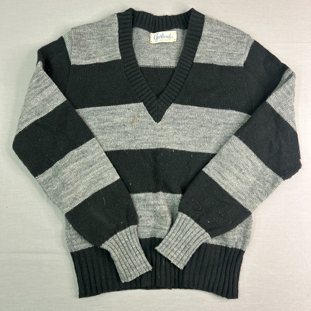 Vintage 1982 Garland Womens Wool Blend V Neck Striped Sweater Grunge Made In USA